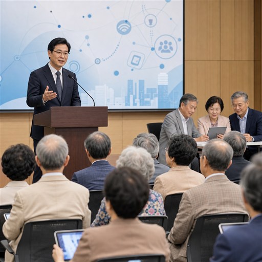 고동진 의원이 시니어 디지털 정책 설명회에서 어르신들에게 AI 정책을 설명하는 모습