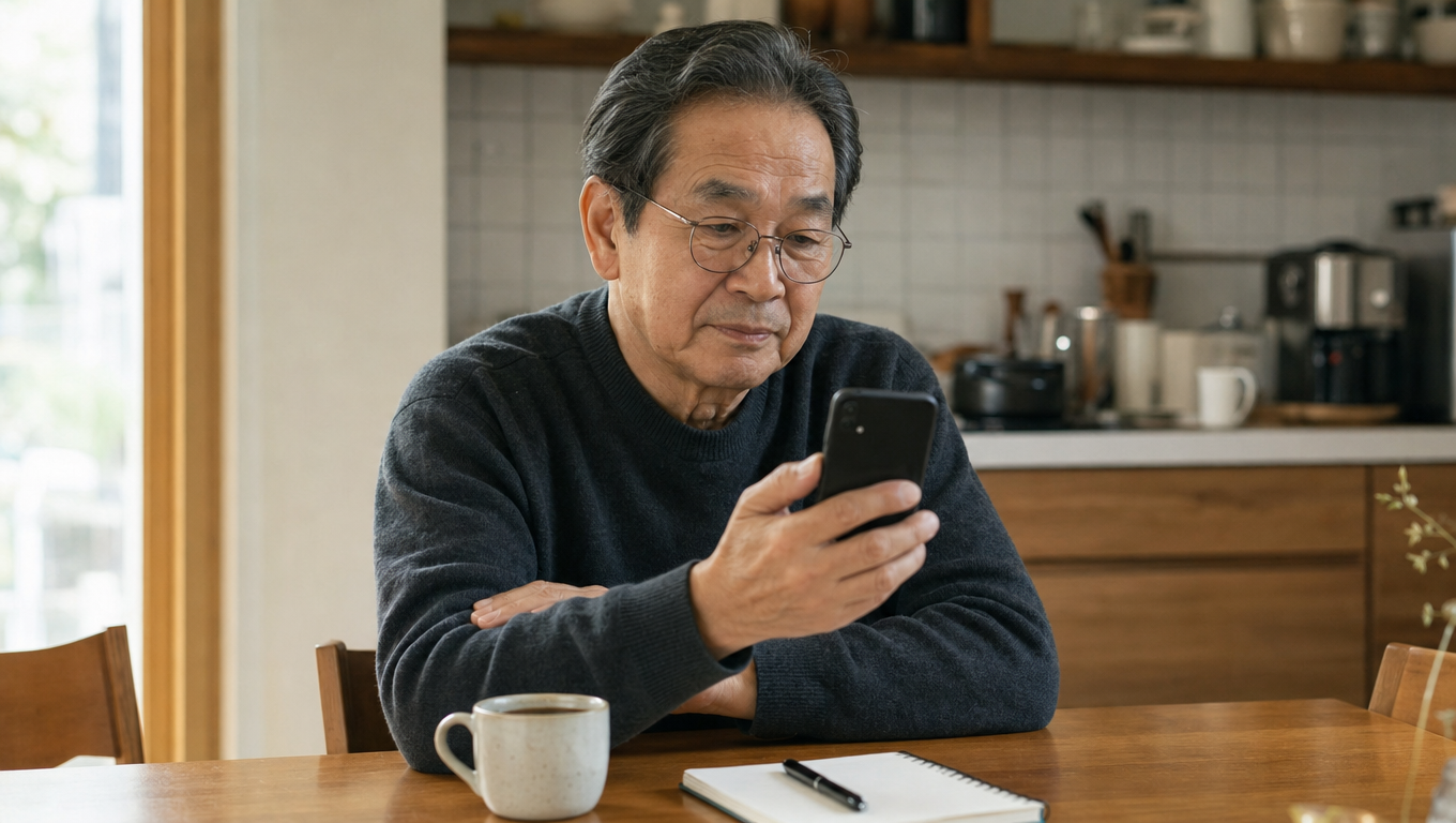 아침 식탁에서 스마트폰으로 이메일을 읽는 시니어 남성