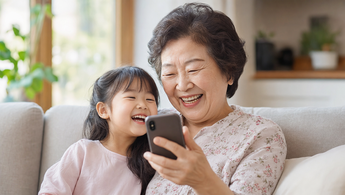 손녀와 함께 스마트폰을 보며 웃는 할머니
