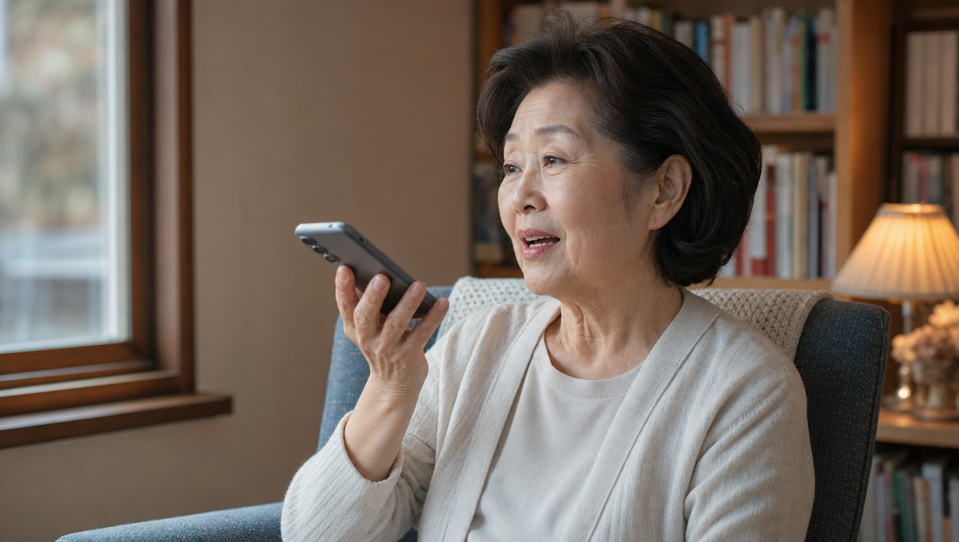 안락의자에 앉아 스마트폰에 말로 질문하는 시니어 여성