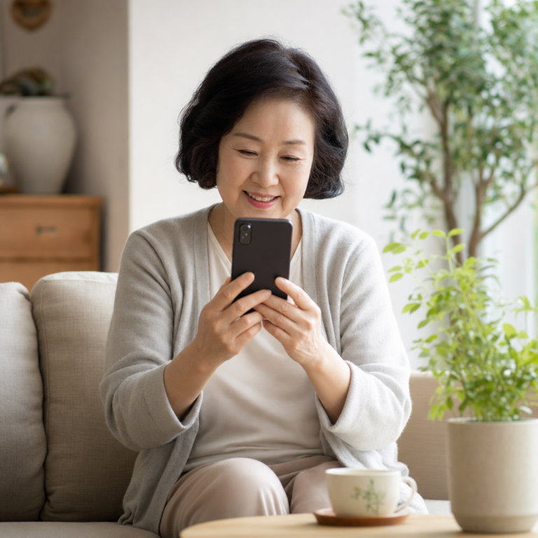 거실 소파에서 스마트폰을 들고 미소 짓는 시니어 여성